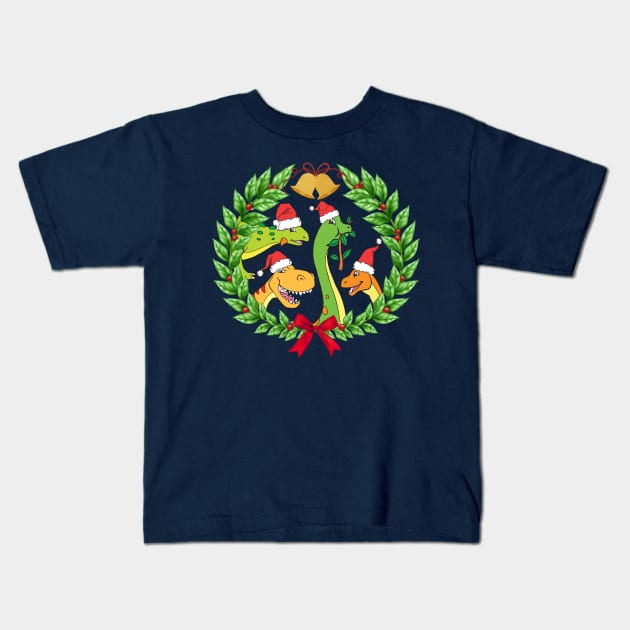 Cute Dinosaur Christmas Santa Hats Kids T-Shirt by samshirts